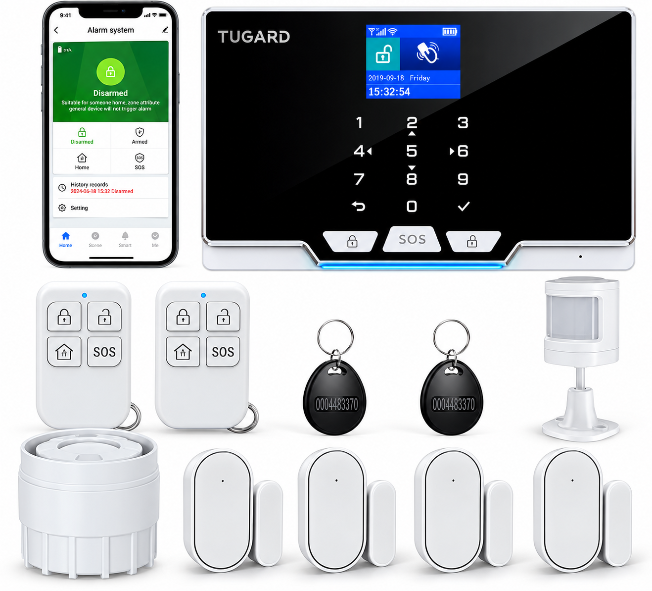 Kit de alarma automonitoreada con panel, sensores, controles y aplicación móvil