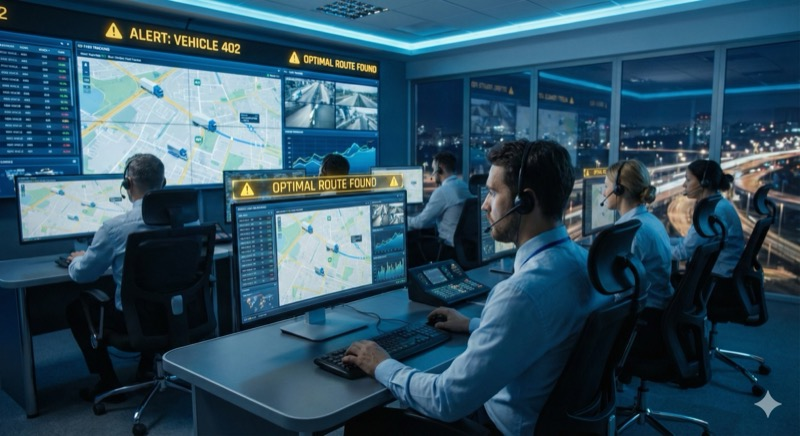 Centro de monitoreo remoto de vehículos con operadores, mapas GPS y videovigilancia