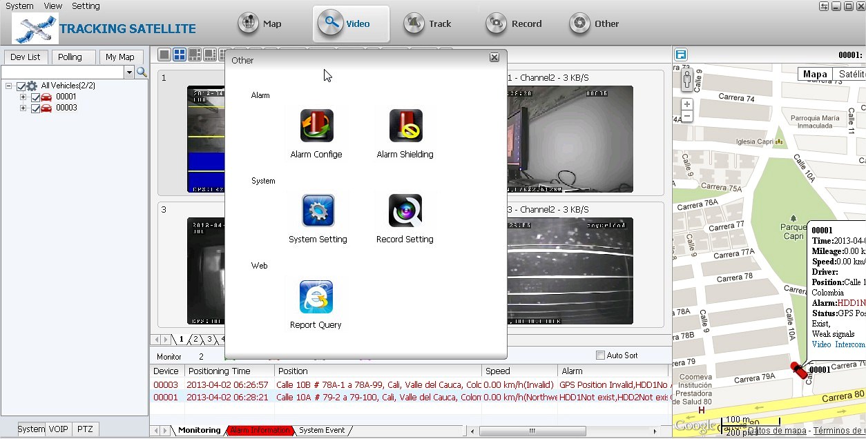 Captura de software de control de vehículos con cámaras y mapa