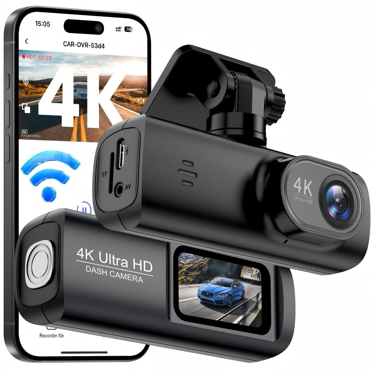 Cámara de salpicadero 4K con aplicación móvil